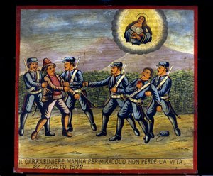 Ex-voto Siciliaans: De carabinier Manna verliest door een wonder zijn leven niet op 27/08/1872 door Sicilian School