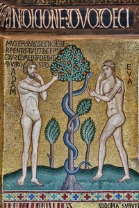 De Palatijnse Kapel (Basiliek), mozaïekcyclus van het Oude Testament, cyclus van de Schepping: "De Oerzonde", XII eeuw door Sicilian School