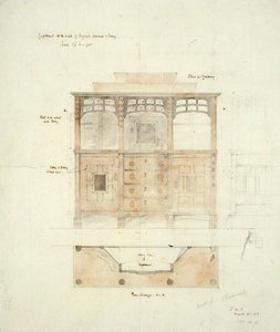 Ontwerp voor kast in Engels walnoot en ebbenhout door Sidney Barnsley