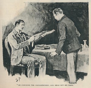 Hij wikkelde de zakdoek af en stak zijn hand uit, 1892 door Sidney Paget