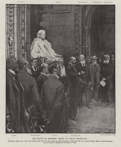 Het standbeeld van professor Thomas Henry Huxley in de Grote Hal van het Natuurhistorisch Museum, South Kensington, Londen (litho)