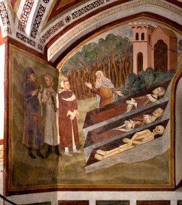 De ontmoeting van de drie levenden en de drie doden (of Dict) De drie levenden en een kluizenaar voor de drie doodskisten met lichamen in verschillende stadia van ontbinding. Detail van een fresco van de School van Siena (14e eeuw) 1363-1366 Klooster van door Sienese School