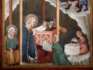 De geboorte Fresco van de school van Siena. 14e eeuw. Kapel van de Maagd. Klooster van Sint Benedetto