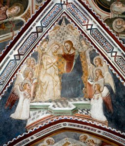 De kroning van de Maagd. Fresco van de Kapel van de Maagd uitgevoerd door de school van Siena uit de 14e eeuw - Klooster van St. Benedetto (Sacro Speco), Subiaco (Rome), Italië