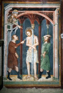 De geseling Fresco van de school van Siena. 14e eeuw. Bovenkerk. Klooster van Sint Benedetto