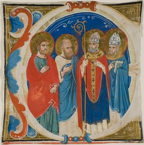 Twee heiligen en twee bisschoppen in een gehistoriseerde initiaal "E" uit een koorboek