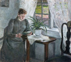 Interieur met lezende vrouw
