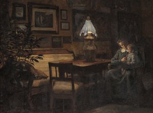 Avondinterieur. Moeder en kind door Sigurd Wandel