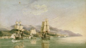 Aanval op konvooi van achttien Franse koopvaardijschepen bij Laigrelia en Alassio, 27 juni 1812 door Silas Thomson (attr.to) Hood