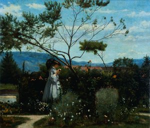 Tussen de bloemen in de tuin door Silvestro Lega