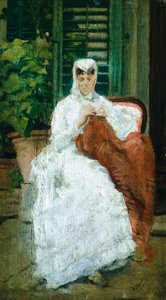 Dame aan het naaien, door Silvestro Lega, olieverf op paneel, 27.5x15.5 cm door Silvestro Lega