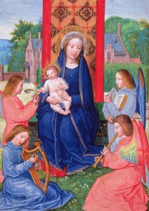 Madonna en Kind met engelen die instrumenten bespelen, uit de Getijden van Joanna van Ghistelles, c.1516 door Simon (attr. to) Bening