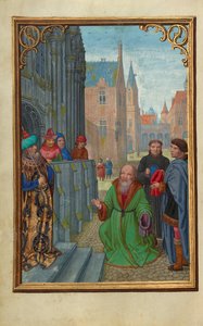 Jozef van Arimathea voor Pilatus door Simon Bening
