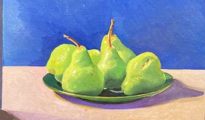 Vijf groene peren (olieverf op board)