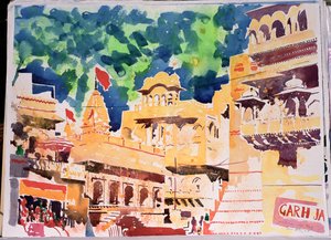 Jaiselmer rode vlag, 2007 (aquarel op papier) door Simon Fletcher