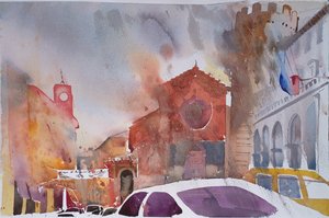 Orvieto Piazza, Italië 2002 (aquarel) door Simon Fletcher