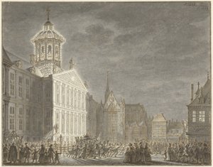 Illuminatie van het stadhuis voor Willem V en Wilhelmina van Pruisen, 1768 door Simon Fokke
