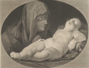 De Maagd in Gebed, kijkend naar het slapende kind Christus, in een ovaal frame, naar Reni,..., 1765 door Simon Francois Ravenet