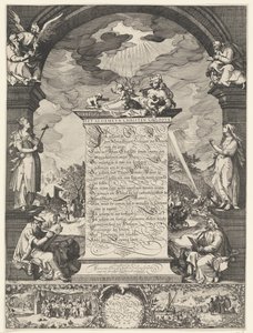 Allegorie op de geloofsbelijdenis met de vier evangelisten door Simon Frisius