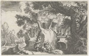 Boslandschap met Hagar en Ismaël door Simon Frisius