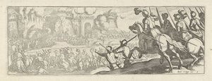 Cavaleristen bestormen een stadsmuur (Cavalerie, series title) Faecvnda qvam sit acris ingeni viris dilecta Phaebo et gratys Florentia, sat indicant pvgnae, enthea vi pectoris quas Mercuri sculpsit cliens tempestiv (series title) door Simon Frisius