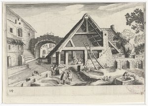 Dorpsgezicht met de Heilige Familie Zuid-Europese landschappen (serie titel) Topographia variarum regionum (serie titel) door Simon Frisius