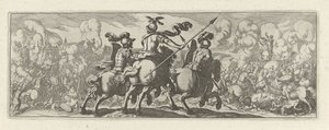 Drie cavaleristen bij een veldslag met olifanten (Cavalerie, series title) Faecvnda qvam sit acris ingeni viris dilecta Phaebo et gratys Florentia, sat indicant pvgnae, enthea vi pectoris quas Mercuri sculpsit cliens tempestiv (series title)