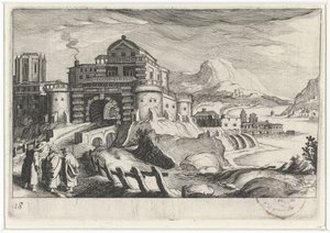 Emmaüsgangers voor een stadspoort in een berglandschap door Simon Frisius