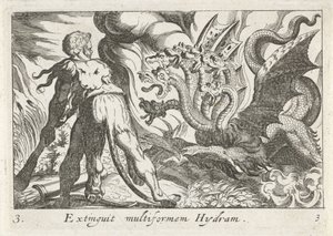 Hercules in gevecht met de hydra van Lerna