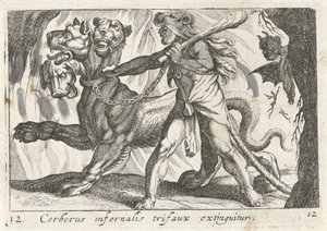 Hercules vangt Cerberus door Simon Frisius