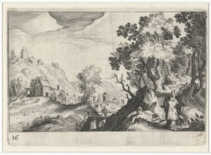 Heuvellandschap met de Barmhartige Samaritaan door Simon Frisius