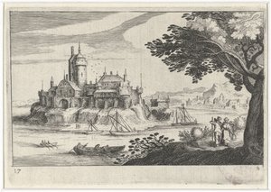Heuvellandschap met een kasteel op een eiland