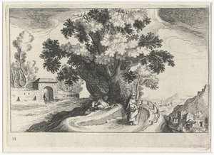 Heuvellandschap met vrijende figuren onder een boom