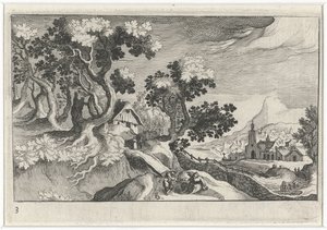Landschap met enkele gebouwen door Simon Frisius