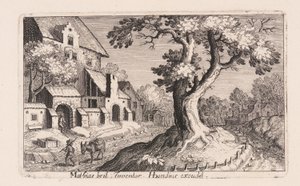 Man met ezel die door een dorp loopt, uit Topographia Variarum Regionum door Simon Frisius