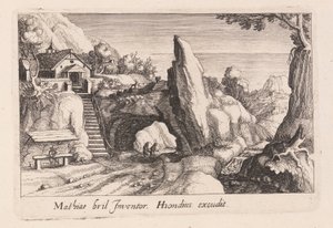 Paar figuren lopend onder een rotsbrug, uit Topographia Variarum Regionum door Simon Frisius