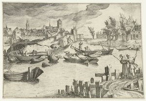 Rivierlandschap met een stad op de achtergrond door Simon Frisius