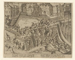 Spaanse Furie: inwoners vluchten in de Schelde, 1576 door Simon Frisius