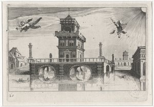 Stadsgezicht met Icarus en Daedalus Zuid-Europese landschappen (serie titel) Topographia variarum regionum (serie titel)