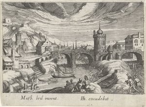 Stadsgezicht met een rivier door Simon Frisius