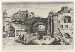 Stadsgezicht met een ruïne