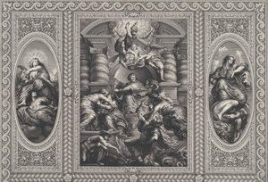 James I benoemt Charles tot Koning van Schotland in het midden, Minerva doorboort Onwetendheid aan de rechterkant, 1720
