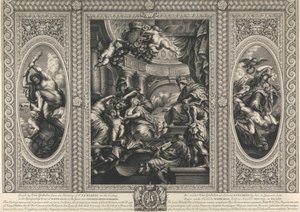 Het plafond van het banketgebouw in Whitehall: De unie van de kronen van Engeland en Schotland door Simon Gribelin