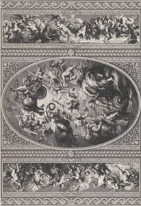 De apotheose van James I in een ovaal in het midden, friezen met putti en guirlandes door Simon Gribelin