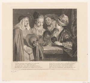 Gezelschap van vijf acteurs bij een parapet Oeuvre van Antoine Watteau door Simon Henri Thomassin