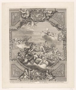 Plafondschildering in Versailles: Apollo deelt beloningen uit aan Kunsten en Wetenschappen, Minerva kroont het genie van Frankrijk door Simon Henri Thomassin