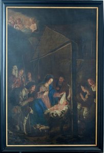 Parochiekerk (Onze-Lieve-Vrouw-Hemelvaartkerk). Interieur. Schilderij. Kersttafereel. Simon De Paepe. Oorsprong abdij Ename (?) door Simon II de Pape