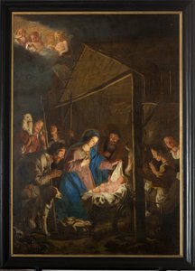 Parochiekerk (Onze-Lieve-Vrouw-Hemelvaartkerk). Interieur. Schilderij. Kersttafereel. Simon De Paepe. Oorsprong abdij Ename (?).