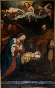 Parochiekerk Sint-Laurentius. Interieur. Noordbeuk. Het altaar. Schilderij. "De geboorte van Christus". gesigneerd Simon de Pape. 1666. door Simon II de Pape