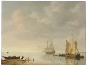Kustscène met schepen rustend op kalme wateren